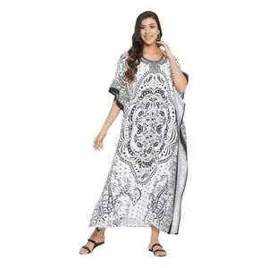 Gypsie Blu Kaftan Maxi Dress Black White Flowy Knit Kimono Sleeves OS